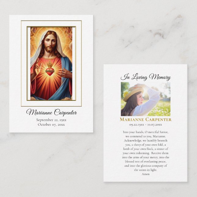 Blessed Sacred Heart Jesus Memorial Prayer Card    Placeringskort (Fram/baksida)