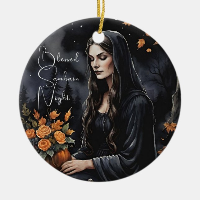 Blessed Samhain Night Halloween Fall Witch Julgransprydnad Keramik (Framsidan)