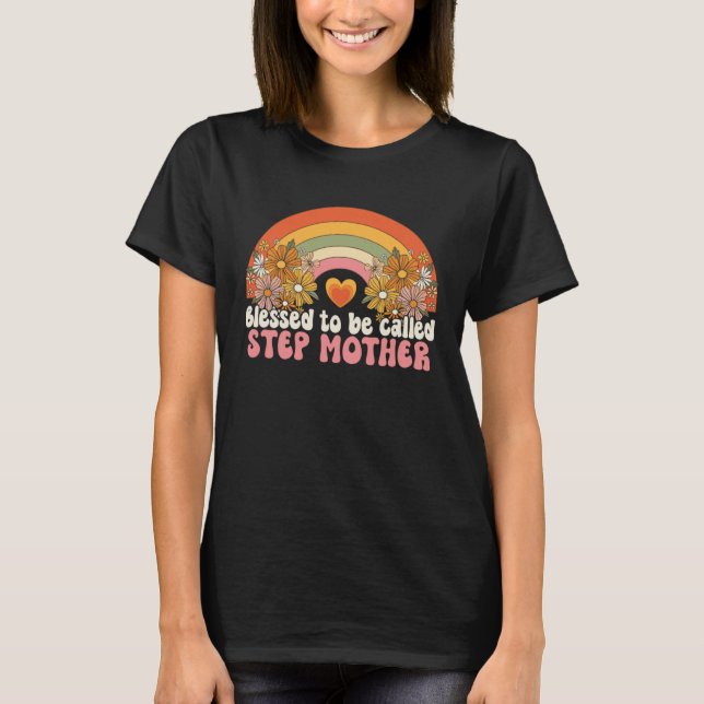 Blessed To Be Called Stepmother Rainbow Groovy Boh T Shirt (Framsida)