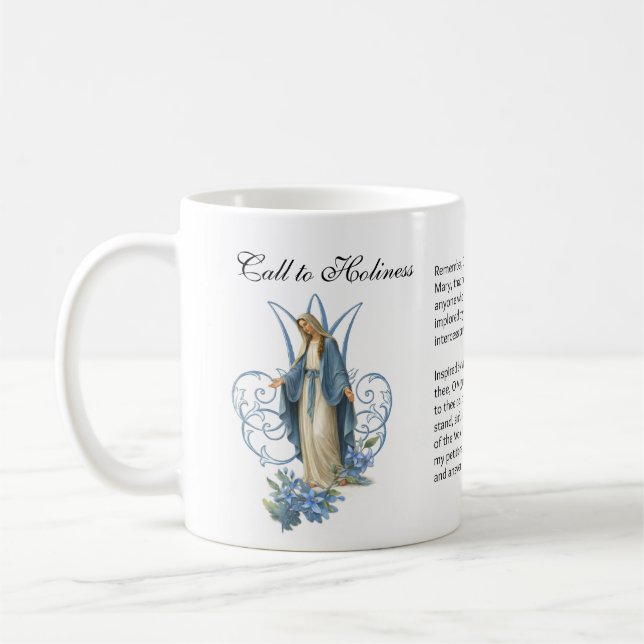 Blessed Virgin Mary Floral Memorare Prayer Coffee Kaffemugg (Vänster)