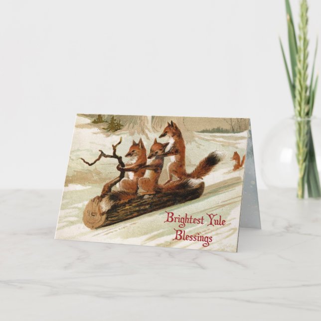 Blessed Yule Sledding Foxes Folded Holiday Card Helgkort (Framsida)