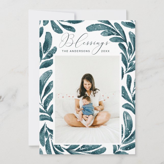 Blessingar. Vattenfärgad blå religiösa jul Julkort (Framsida)