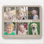 Blessionsskript 6 Fotton Tan Musmatta<br><div class="desc">Den här musknappen har en enkel design med 6 foto ramar för bilder till din familj eller dina vänner. Trendigets handskrivna stil-kalligrafi lyder: "Blessings". Anpassa den här staven till din familj namn.</div>