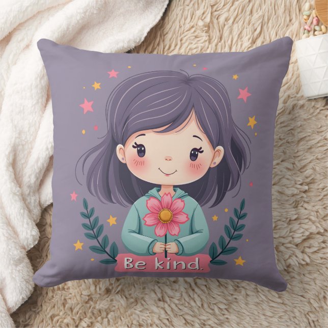 Bli cute Girl med Flower Positive Art Kudde (Filt)