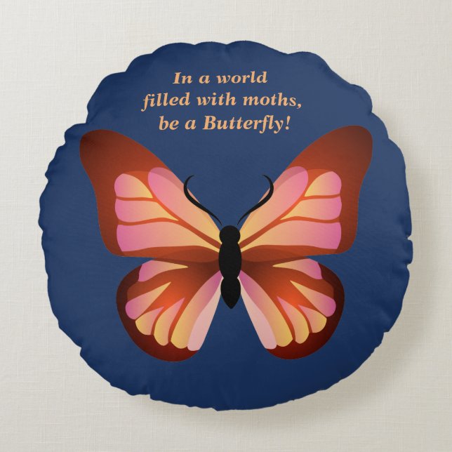 Bli en svart Orange för fjäril-Rosa Rund Kudde (Framsidan)
