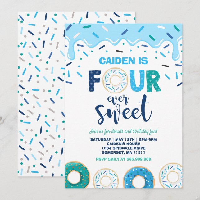 Bli fyra gånger sötad Inbjudan Donut 4e födelsedag (Fram/baksida)