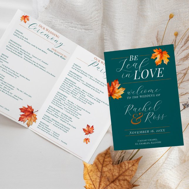 Bli Löv i Kärlek Teal Fall bröllopsprogram (Elegant fall leaves Be Leaf In Love teal rust rachel ross folded wedding ceremony program service)