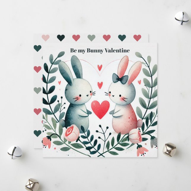"Bli min Bunny Valentine Bunnies i hjärtkransarna" Julkort (Fram/Back In Situ)
