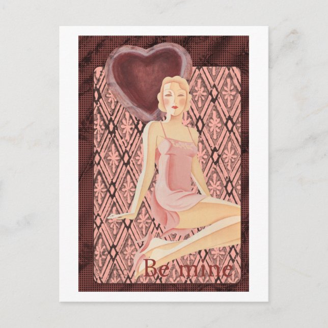 Bli Mine Valentine art deco (kvinna med röd klänni Helg Vykort (Framsida)
