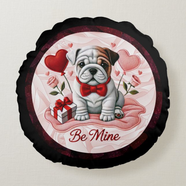 Bli Mine Valentine English Bulldog Round Pillow Rund Kudde (Framsidan)
