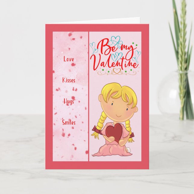Bli mitt Valentine Card, unga, Illustrated Girl Kort (Framsida)