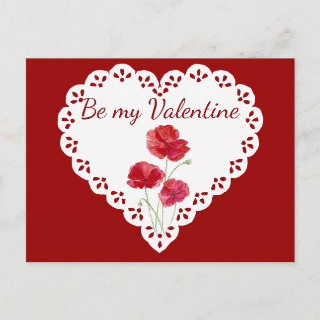 Bli mitt Valentine Red Poppy Flower Heart Vykort (Framsida)
