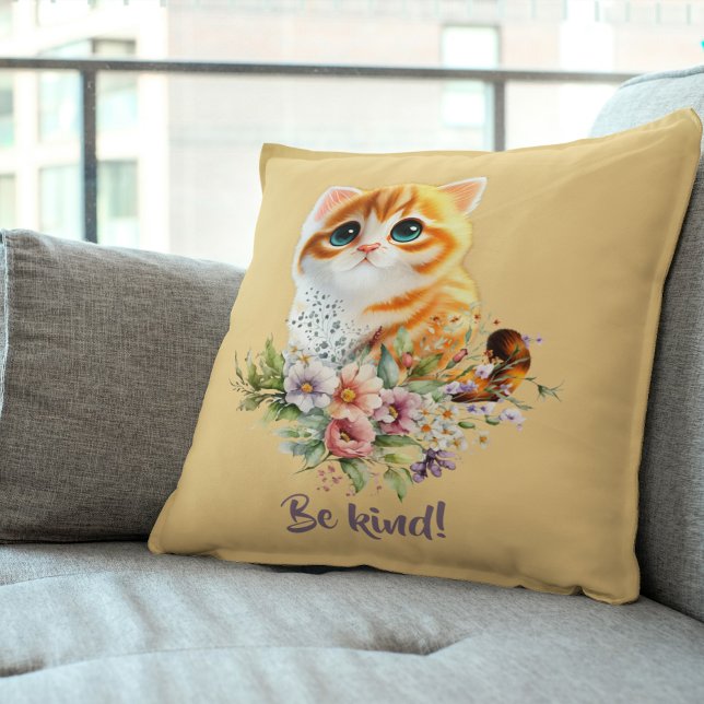 "Bli snäll", inspirerande Kitten Blommigt-design Kudde ("Be Kind" Inspirational Kitten Floral Design Throw Pillow)