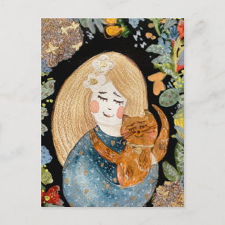 Blindad blond flicka med ingerkatt i blommor vykort