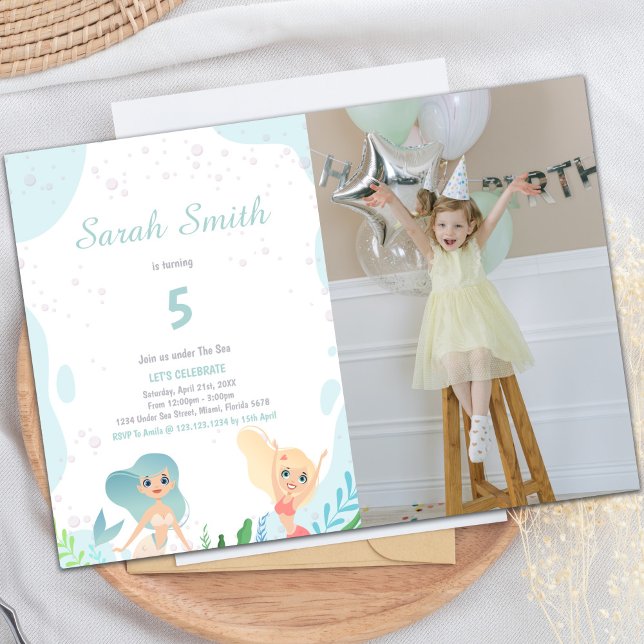 Blindad Sjöjungfru, födelsedagsinbjudan med foto Inbjudningar (Blond Mermaid Birthday Invitations with photo)