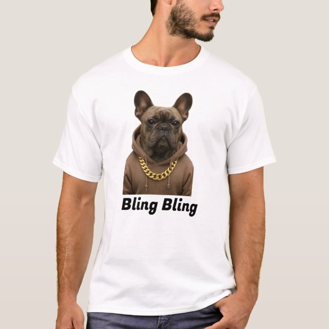 Bling Bling Funny Bulldog T-Shirt med Guld Chai (Framsida)