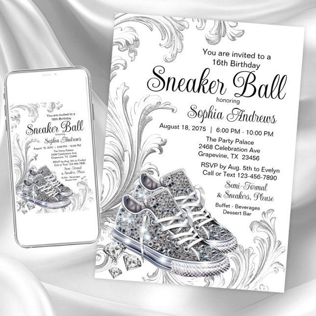 Bling Diamond Sneaker Boll Födelsedagsfest Inbjudningar (Diamond sneakers sneaker ball invitation. Available for instant download and print.)
