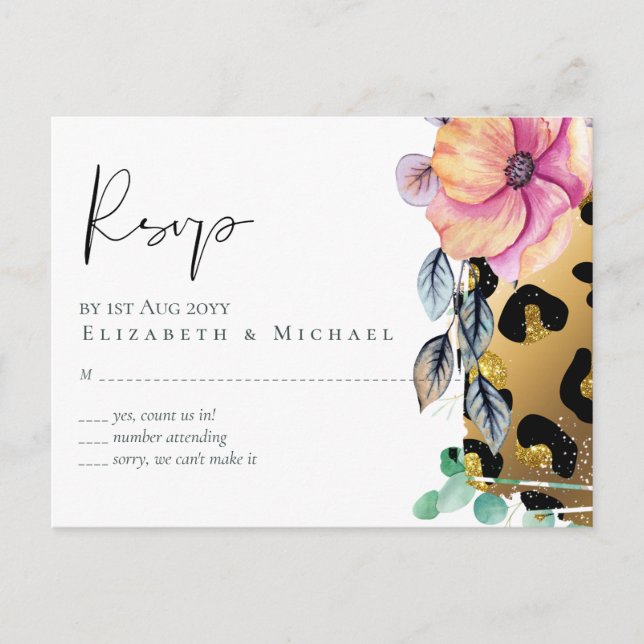 Bling Glamourös Leopardtryck Rosa Guld Bröllop Vykort (Framsida)