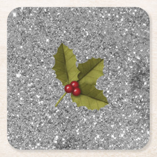 Bling jul Holly Berry Löv Silver Glitter Underlägg Papper Kvadrat