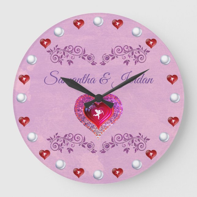 Bling Rosa Heart & Cherub-Personlig Stor Klocka (Framsida)