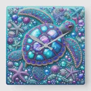 Bling Sea Turtle Blue Lila Teal Fyrkantig Klocka