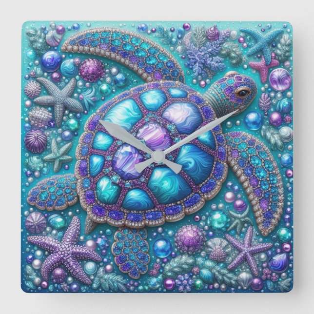 Bling Sea Turtle Blue Lila Teal Fyrkantig Klocka (Framsida)