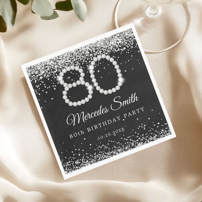 Bling Silver Diamonds 80:e Födelsedagsfesten Pappersservett (Diamonds 80th Birthday Party Napkin)