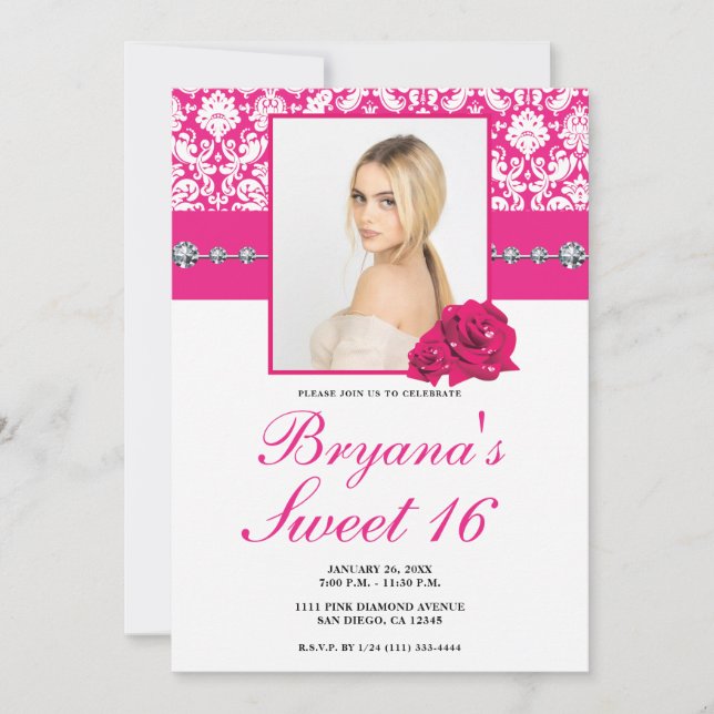 Blinginbjudan till shock rosa Ro & Damask Diamond Inbjudningar (Framsida)