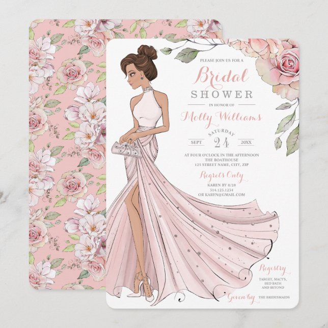 Blingy Brunette Bride Möhippa Inbjudningar (Fram/baksida)