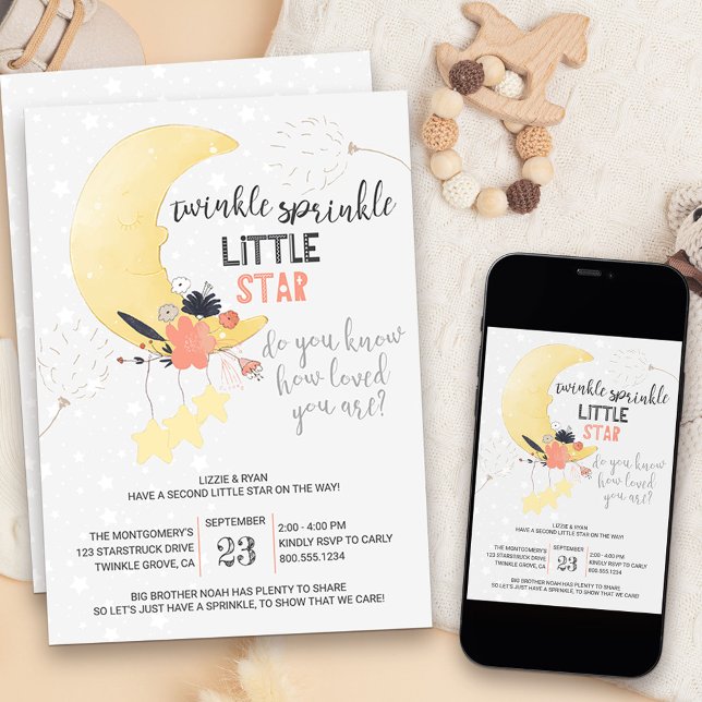 BLINKELSBLINKELSBLINKELSBLINKELN Måne Baby Blommig Inbjudningar (Twinkle twinkle little star baby sprinkle invitation)