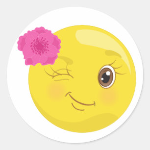 Blinkning Emoji med blommaklistermärkear Runt Klistermärke