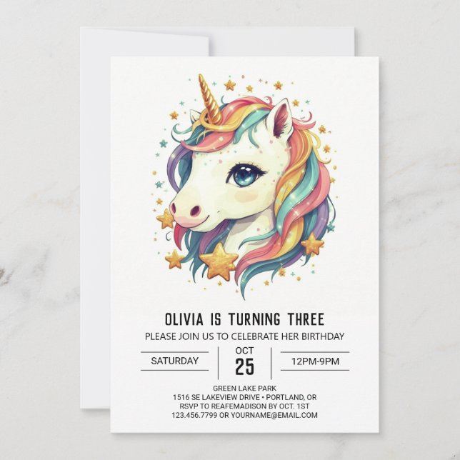 Bliss Unicorn Birthday Inbjudningar (Framsida)