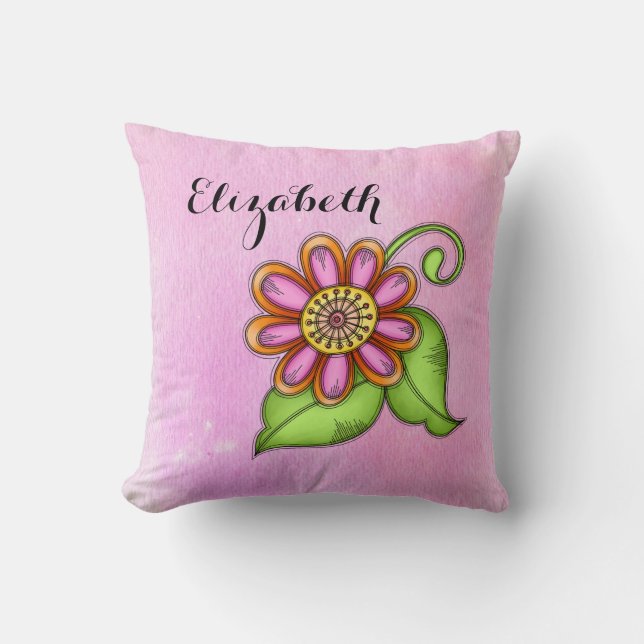 Bliss Watercolor Doodle Flower Pillow Kudde (Framsida)