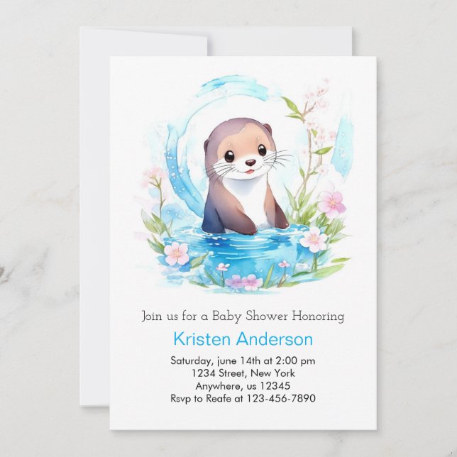 Blissare Otter Blue Blommigt Boy Shower Inbjudningar (Framsida)