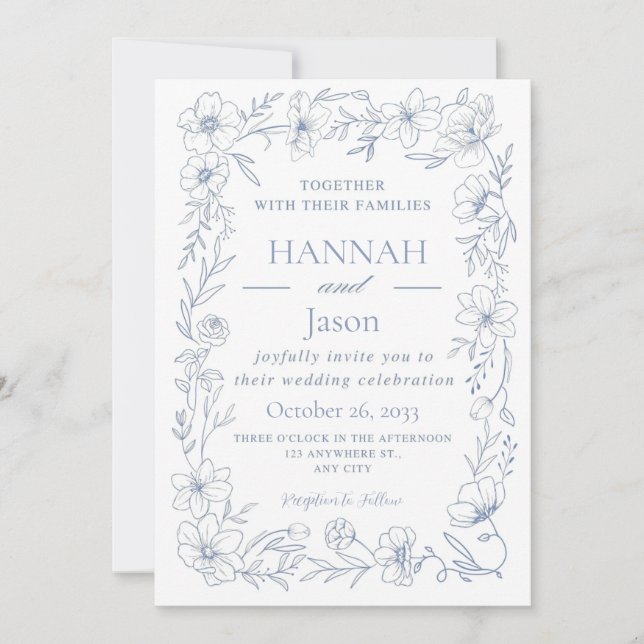 Blissful Blue Blooms Wedding Invitation Inbjudningar (Framsida)