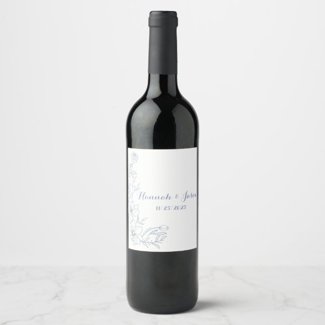 Blissful Blue Blooms Wedding Wine Label Vinflaska Etikett (Framsida)