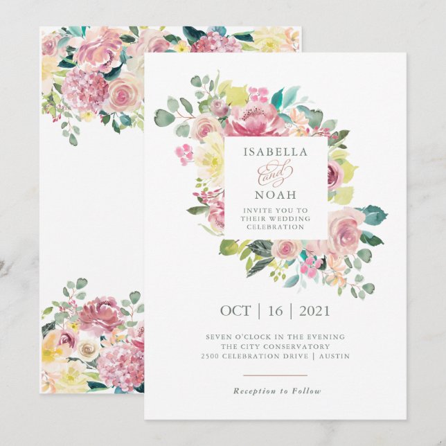 Blissful Kärlek | VattenfärgsRosa Blommigt Bröllop Inbjudningar (Fram/baksida)