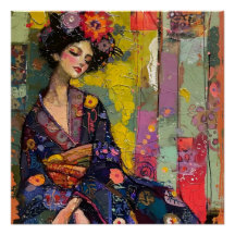 Blissful kvinna i Kimono