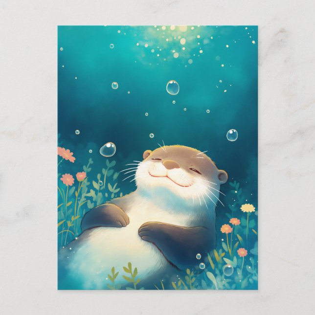Blissful Otter Floating in Dreamy Blue Water Vykort (Framsida)