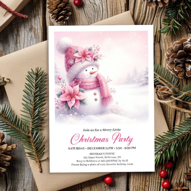 Blissful Pink Snowman Digital Christmas Invite Kid Inbjudningar (Blissful Pink Snowman Digital Christmas Invite for Kids)