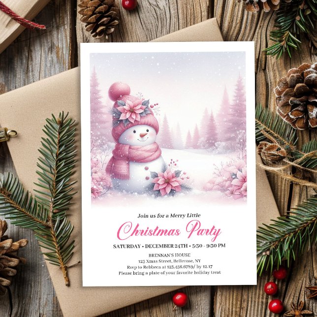 Blissful Snowy Pink Snowman Editable Kids Christma Inbjudningar (Blissful Snowy Pink Snowman Editable Kids Christmas Invite)