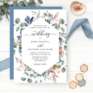 Blisslig Blommigt Dusty Blue och Greenery Bröllop Inbjudningar