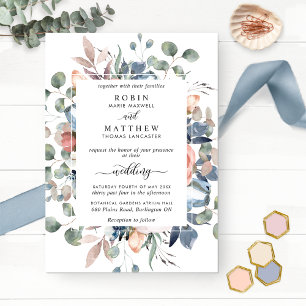 Blisslig Blommigt Dusty Blue och Greenery Bröllop Inbjudningar