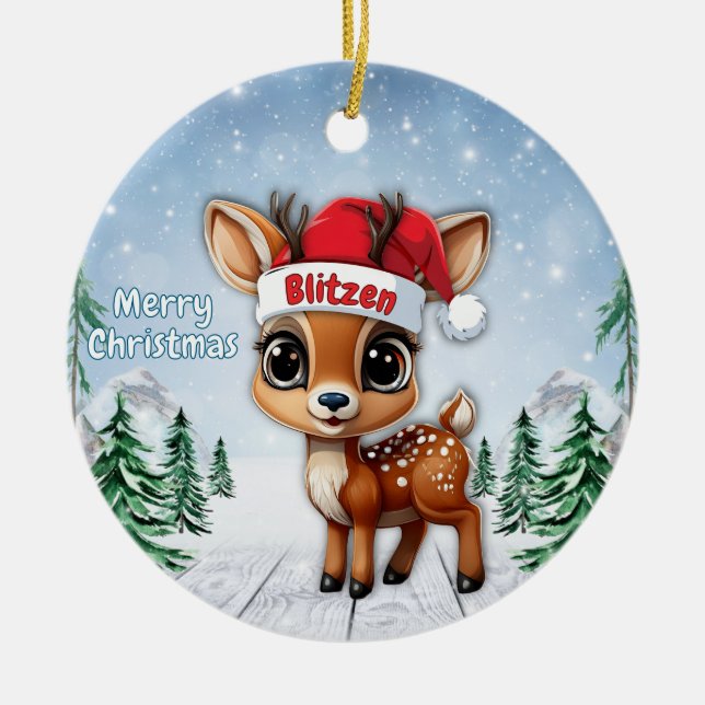 Blitzen Baby Deer, Fawn, Doe, Reindeer 🦌🎄 Julgransprydnad Keramik (Framsidan)