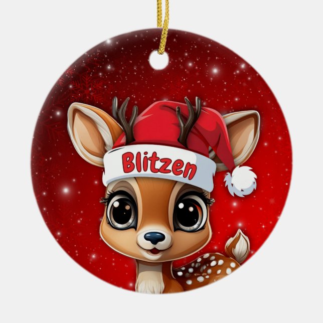 Blitzen Baby Deer, Fawn, Doe, Reindeer🦌 🎄 Julgransprydnad Keramik (Framsidan)