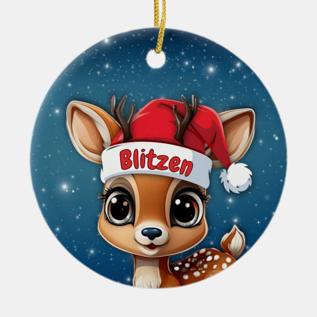 Blitzen Baby Deer, Fawn, Doe, Reindeer 🦌🎄 Julgransprydnad Keramik (Framsidan)