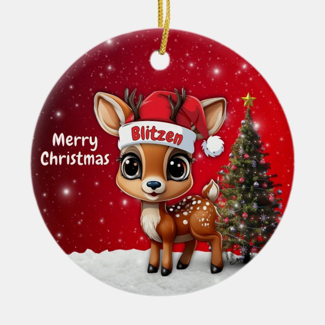 Blitzen Baby Deer, Fawn, Doe, Reindeer🦌 🎄 Julgransprydnad Keramik (Framsidan)