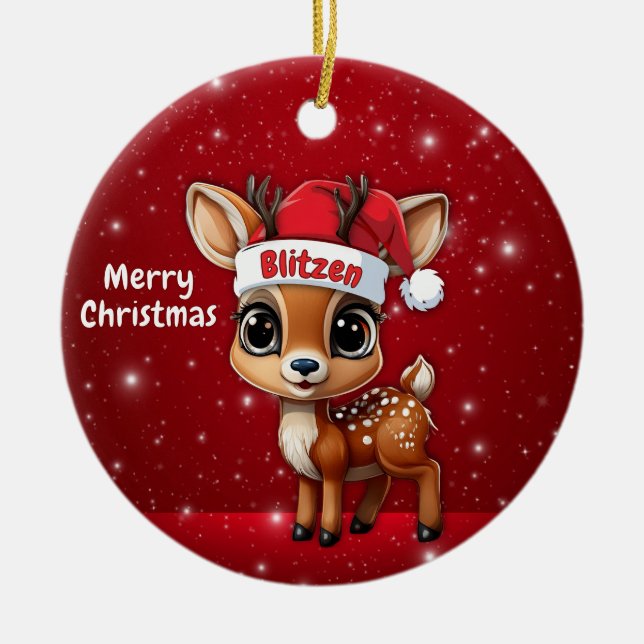 Blitzen Baby Deer, Fawn, Doe, Ren🦌 🎄 Julgransprydnad Keramik (Framsidan)