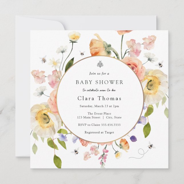 Blivande mamma BEE Blommig Baby Shower Inbjudan (Framsida)