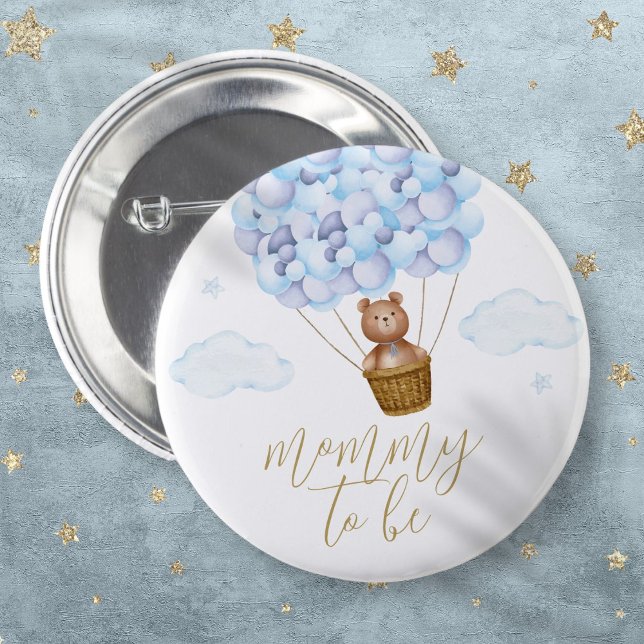 Blivande Mamma Teddybjörn Blå Babyfirande Knapp (Mommy To Be Teddy Bear Blue Boy Baby Shower Button)